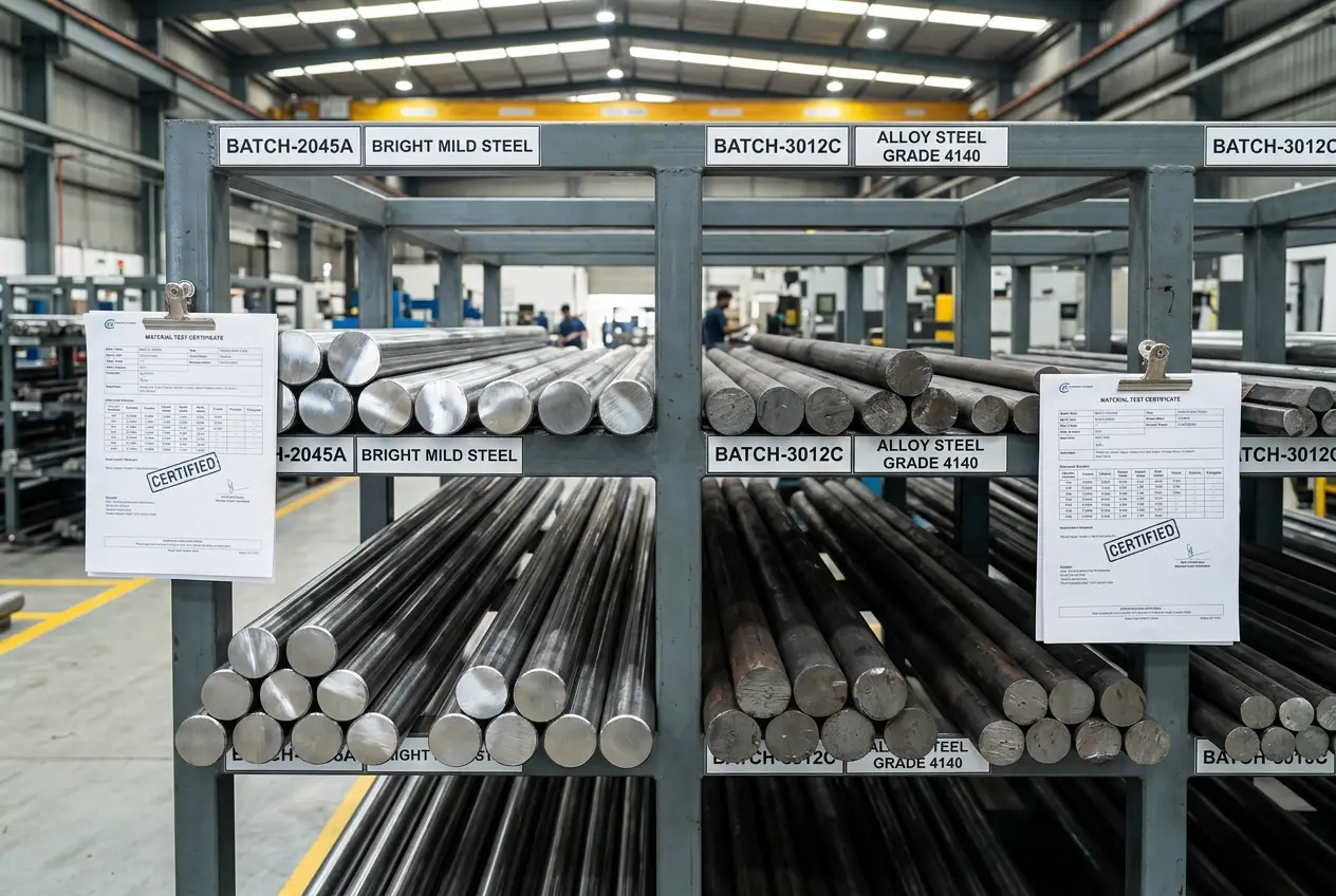 Incoming material inspection showing raw steel bar verification with material test certificate and dimensional checking